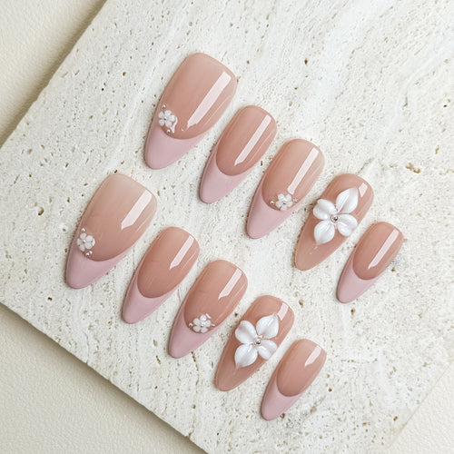 Blush Petal French Short Almond Press-On Nails – Nude Pink Floral Handmade Nails