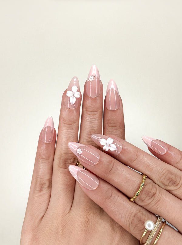 Blush Petal French Short Almond Press-On Nails – Nude Pink Floral Handmade Nails