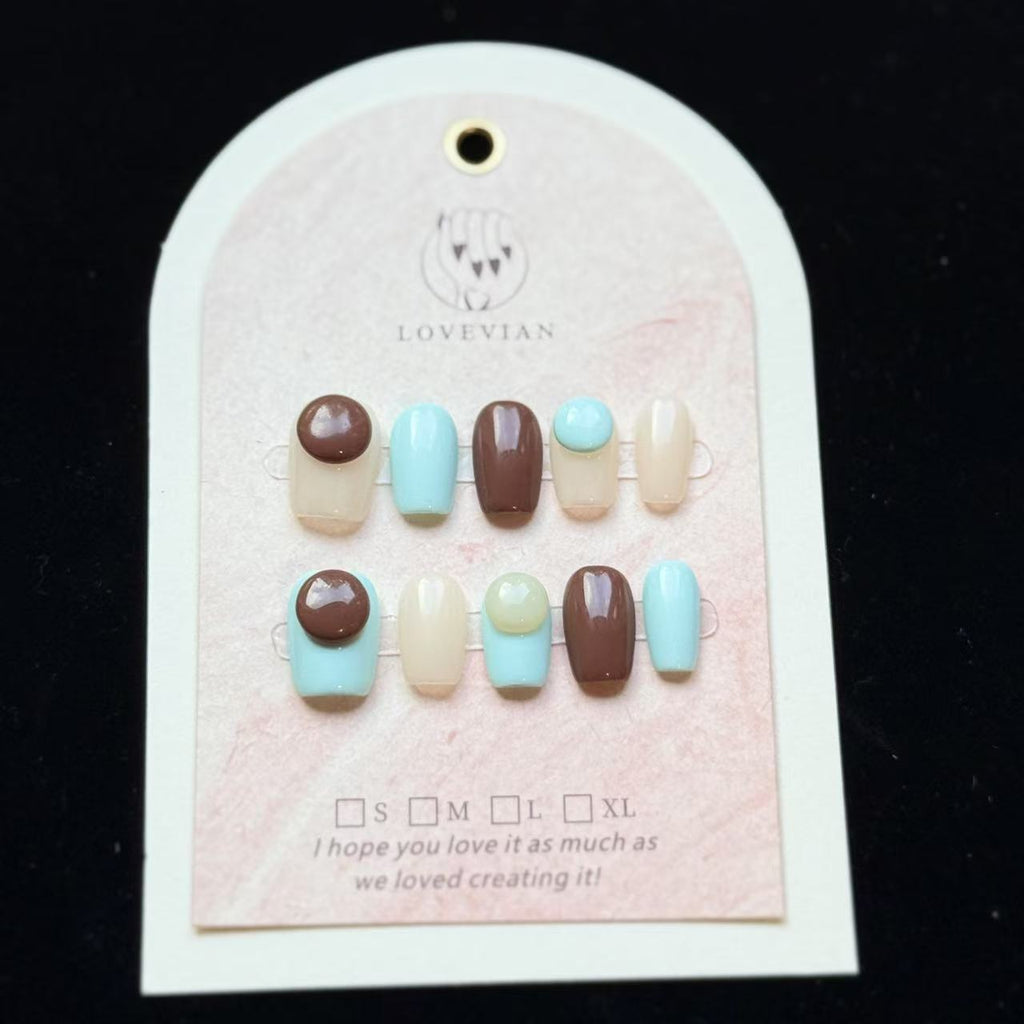 Choco Mint Pop – Minimalist Press-On Nails with 3D Dot Design (Brown, Mint & White)