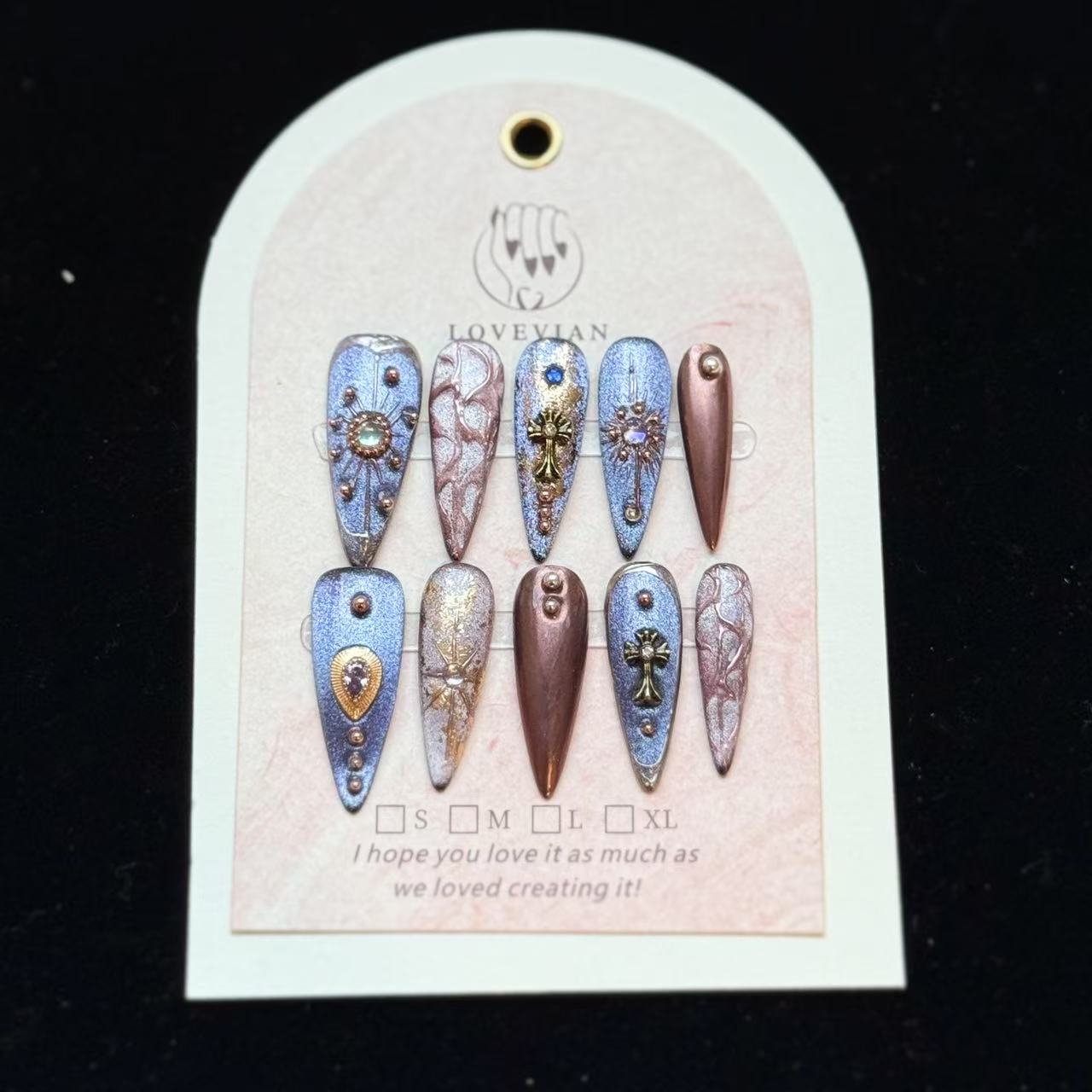 Gothic Royale – Luxury Stiletto Press‑On Nails with Gemstones, Cross Charms & Metallic Shine