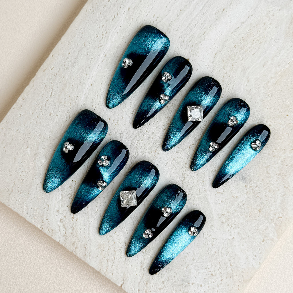 Midnight Siren Party Long Stiletto Press-On Nails – Teal Blue Cat-Eye Handmade Nails