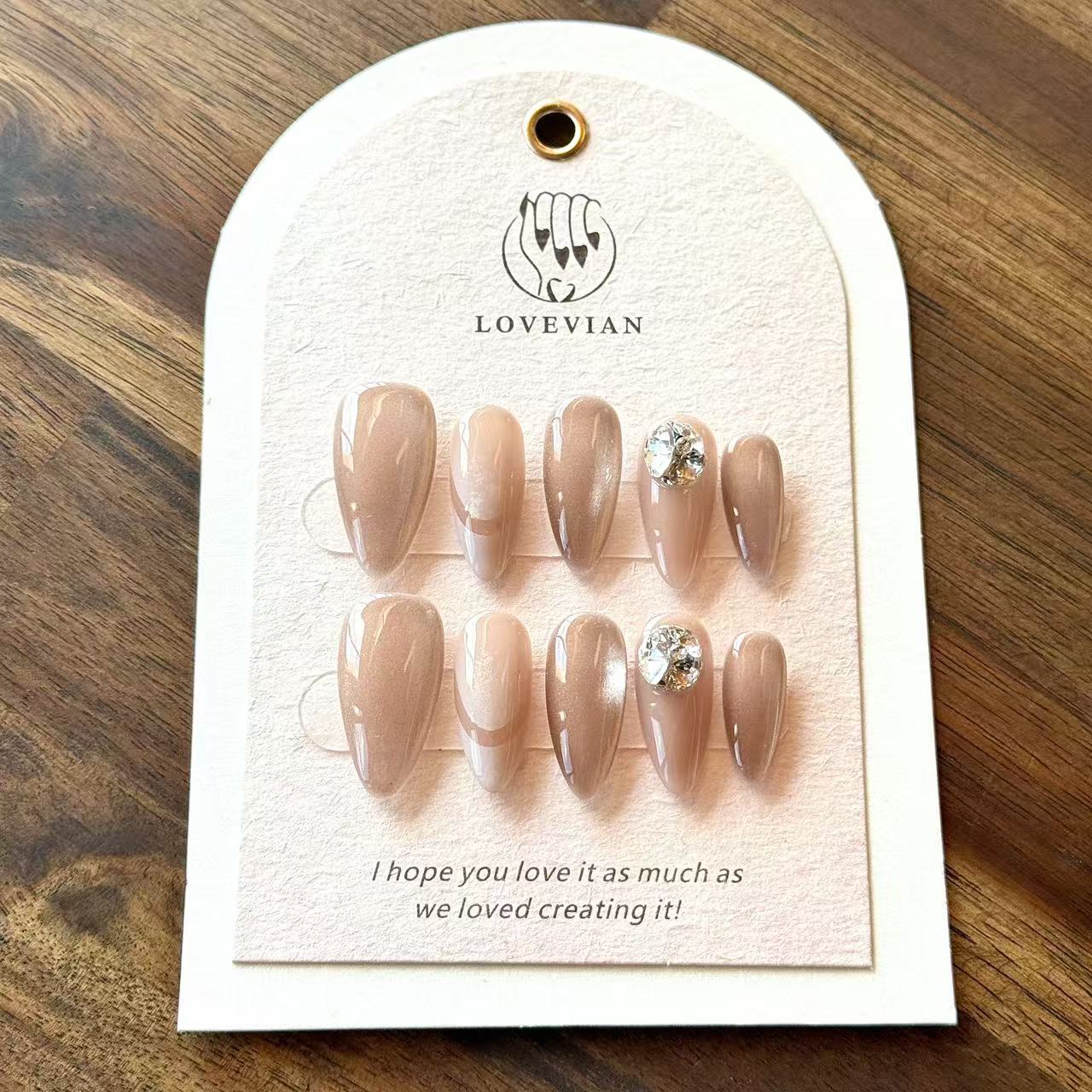 Brun Élégance – Nude Brown Luxury Press-On Nails with Crystal Gem Accent – Almond Shape