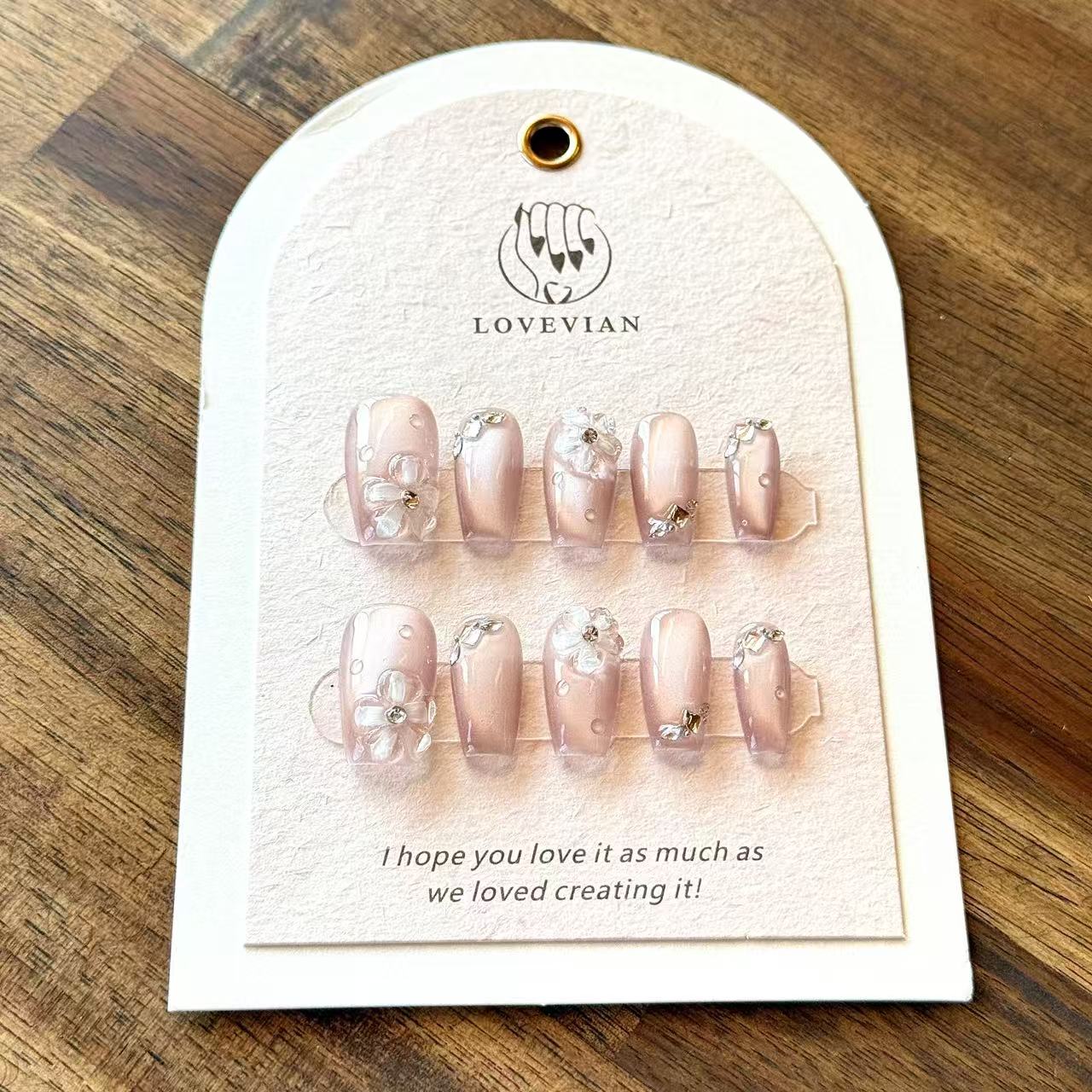 Rosée Florale – Champagne Nude Luxury Press-On Nails with 3D Flowers & Crystal Drops – Squoval Shape