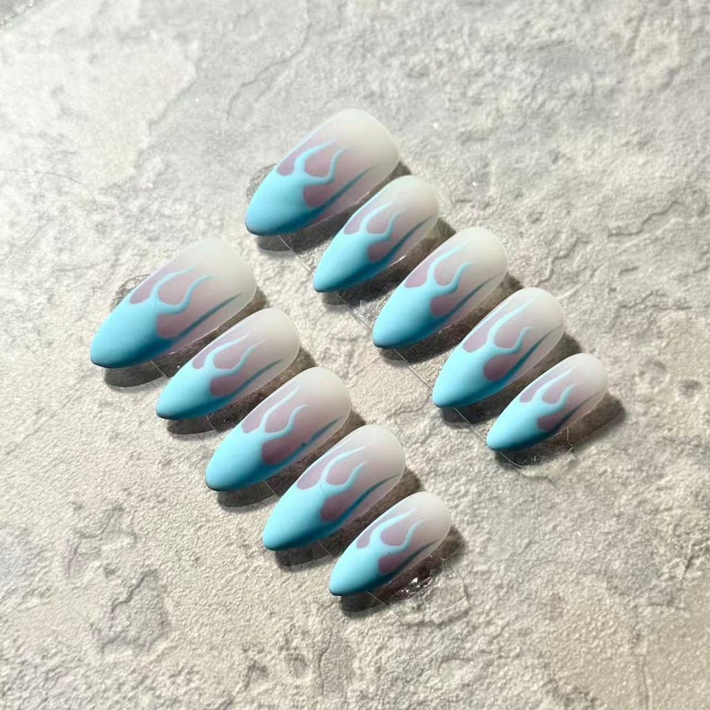 Blue Flame Vibes – Almond Press-On Nails with Matte Fire Design in Sky Blue & Pink