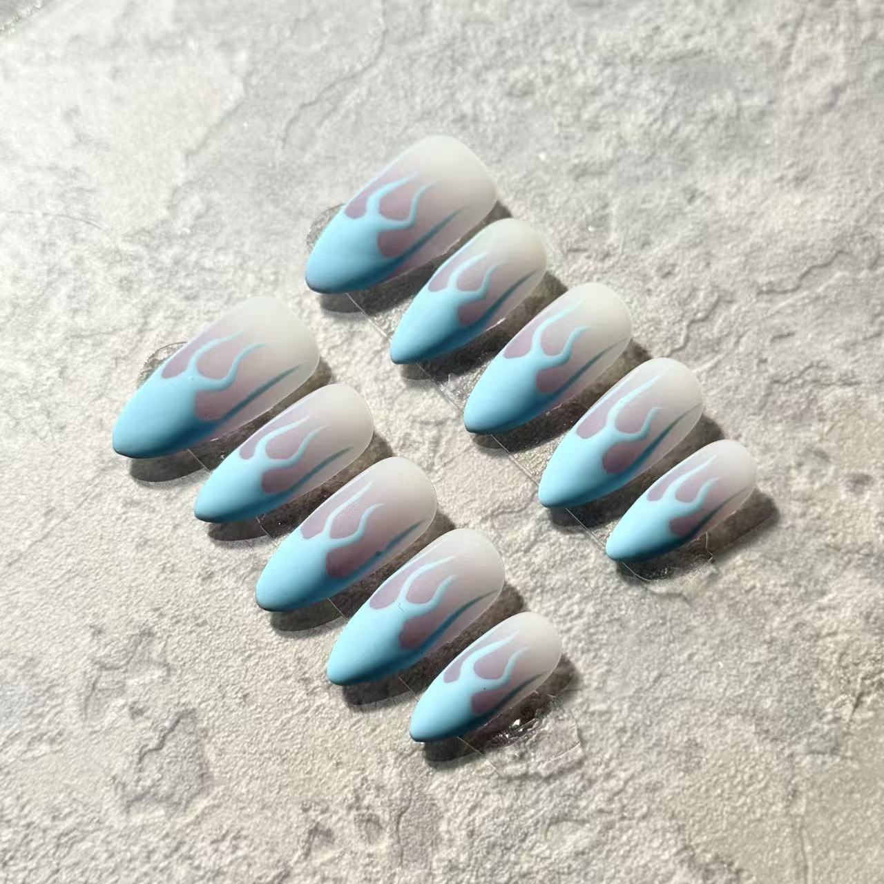 Blue Flame Vibes – Almond Press-On Nails with Matte Fire Design in Sky Blue & Pink