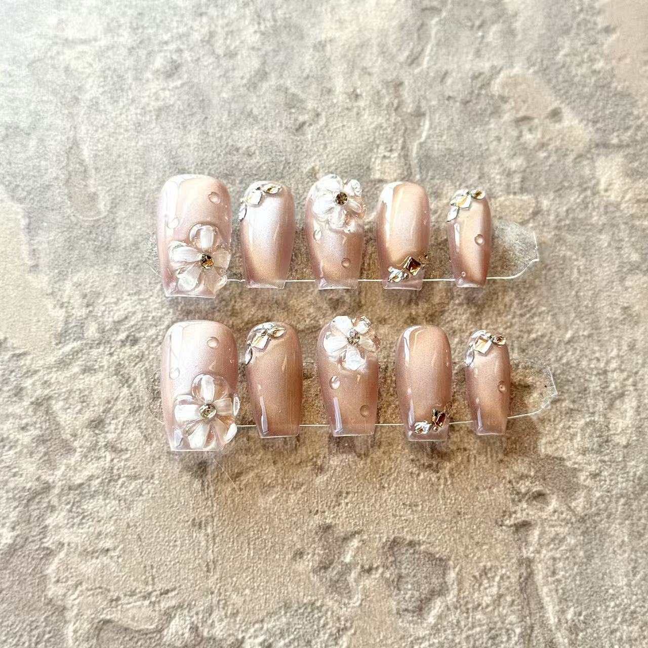 Rosée Florale – Champagne Nude Luxury Press-On Nails with 3D Flowers & Crystal Drops – Squoval Shape