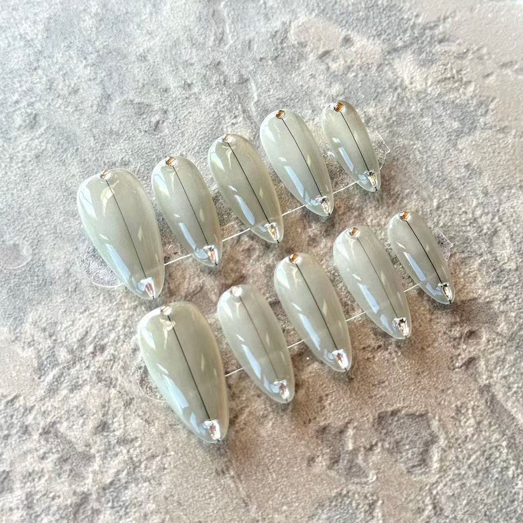 Gris Élégant – Nude Grey Luxury Press-On Nails with Minimalist Crystal Accent – Almond Shape