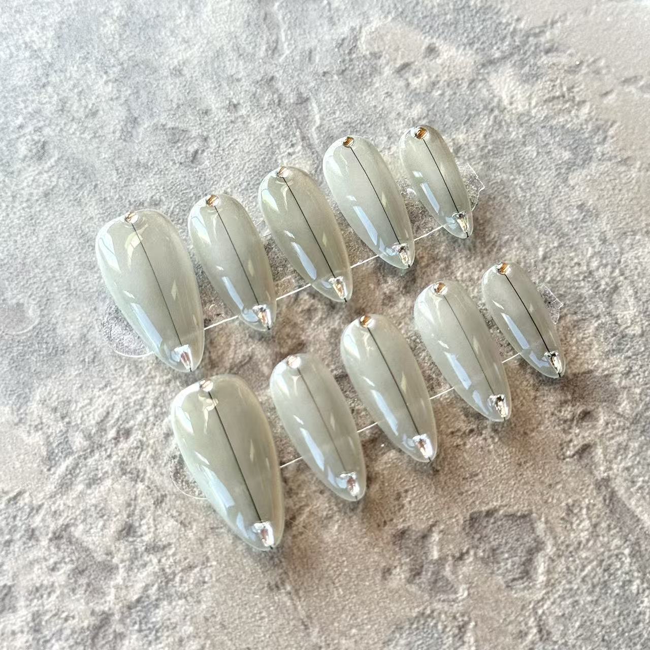 Gris Élégant – Nude Grey Luxury Press-On Nails with Minimalist Crystal Accent – Almond Shape