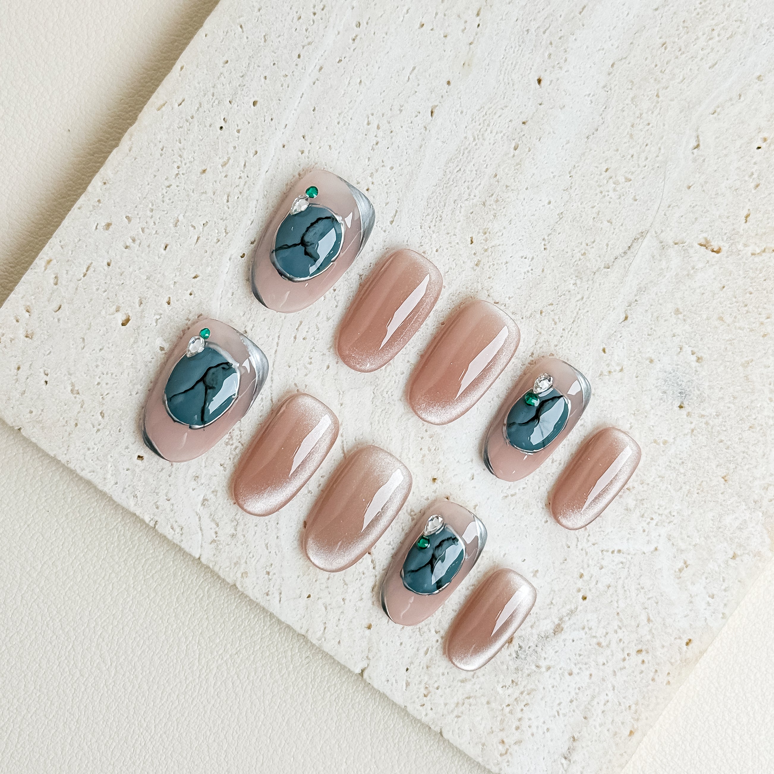 Emerald Marble Office Almond Nude Press-On Nails