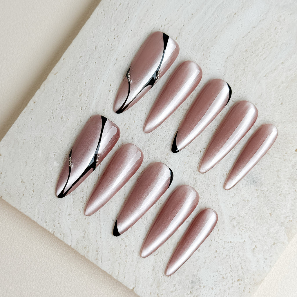 Pearl Noir Date Long Stiletto Press-On Nails – Nude Pink Black French Handmade Nails