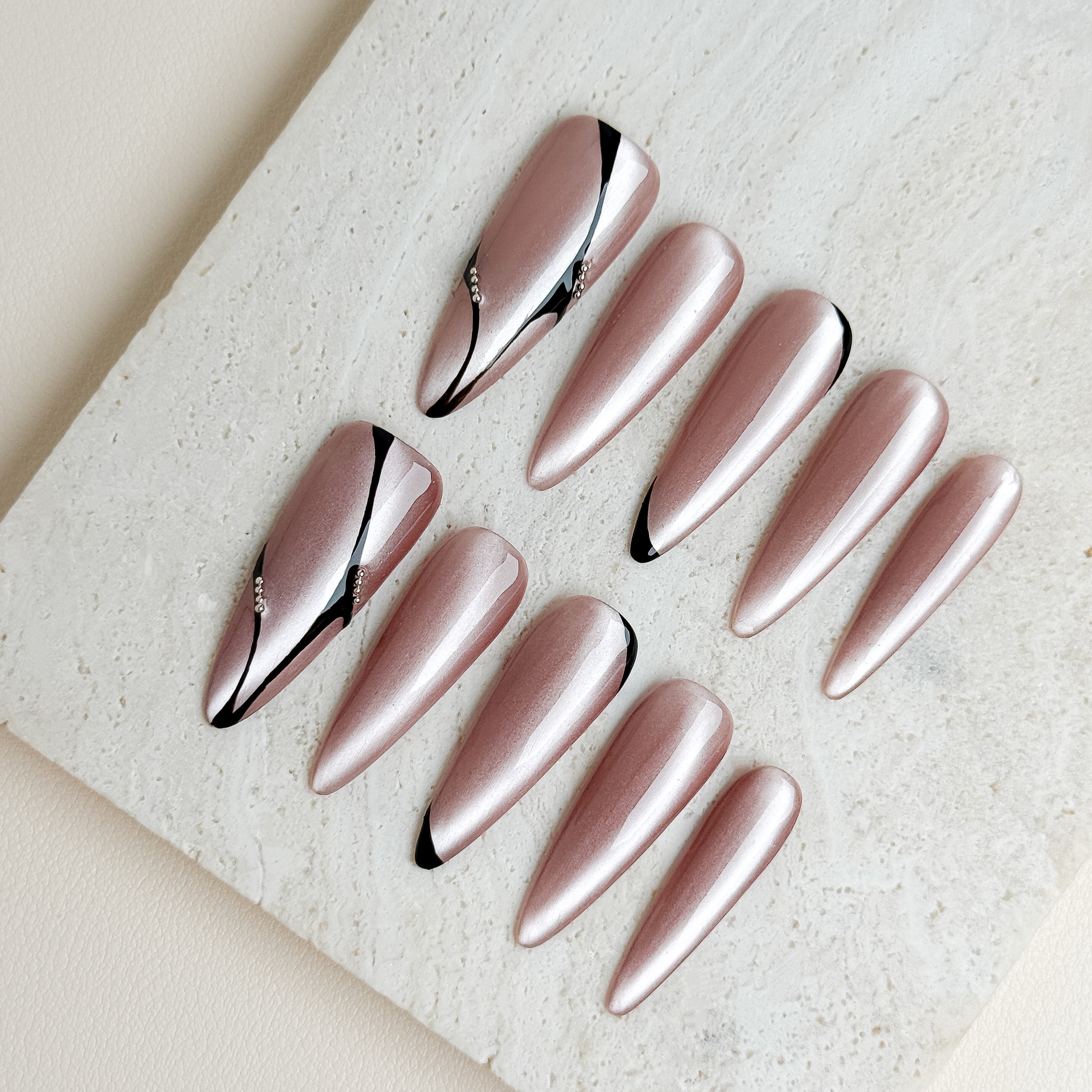Pearl Noir Date Long Stiletto Press-On Nails – Nude Pink Black French Handmade Nails