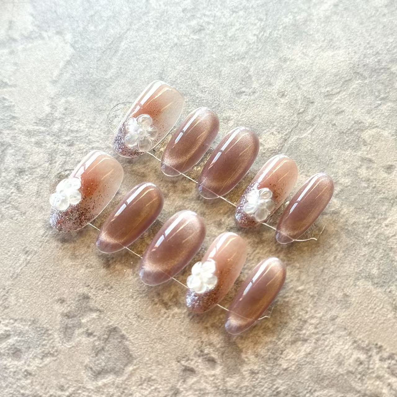 Fleur Rosée – Blush Ombre Luxury Press-On Nails with 3D Floral Charm