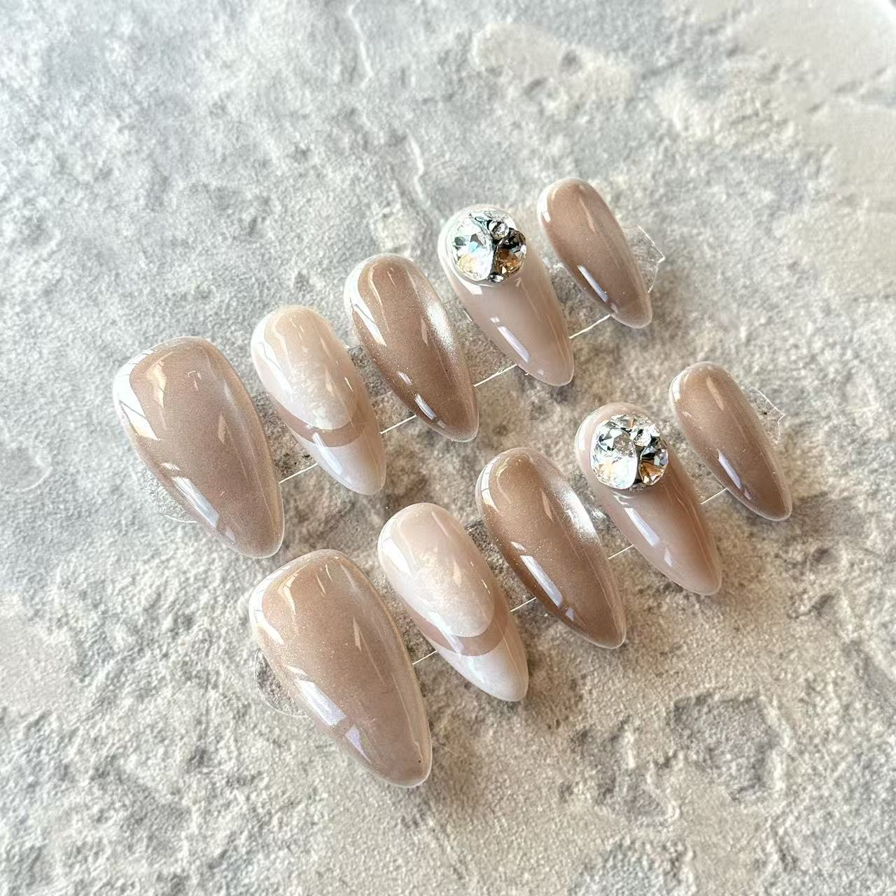 Brun Élégance – Nude Brown Luxury Press-On Nails with Crystal Gem Accent – Almond Shape