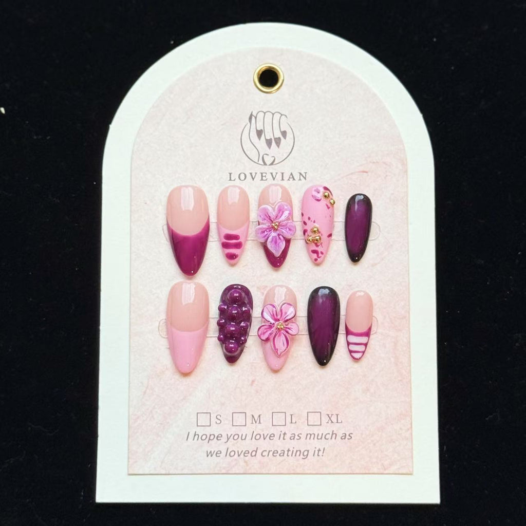 Violet Bloom – 3D Purple Press-On Nails with Floral & Metallic Accents