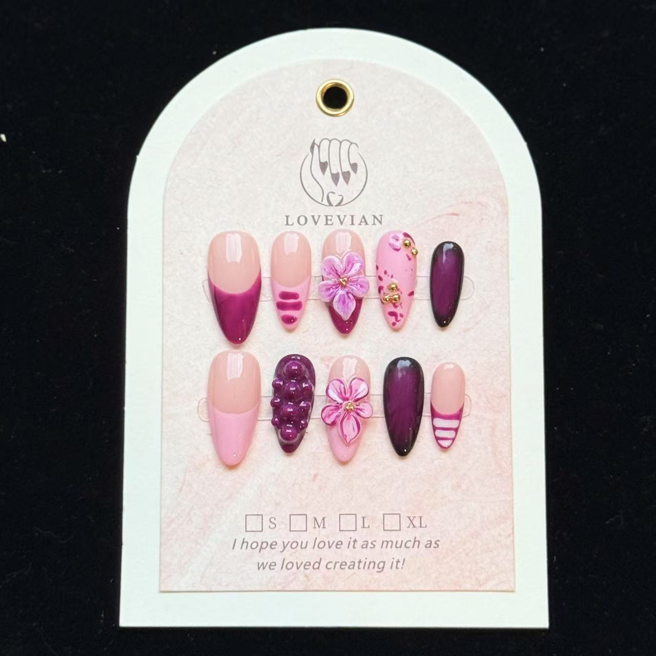 Violet Bloom – 3D Purple Press-On Nails with Floral & Metallic Accents