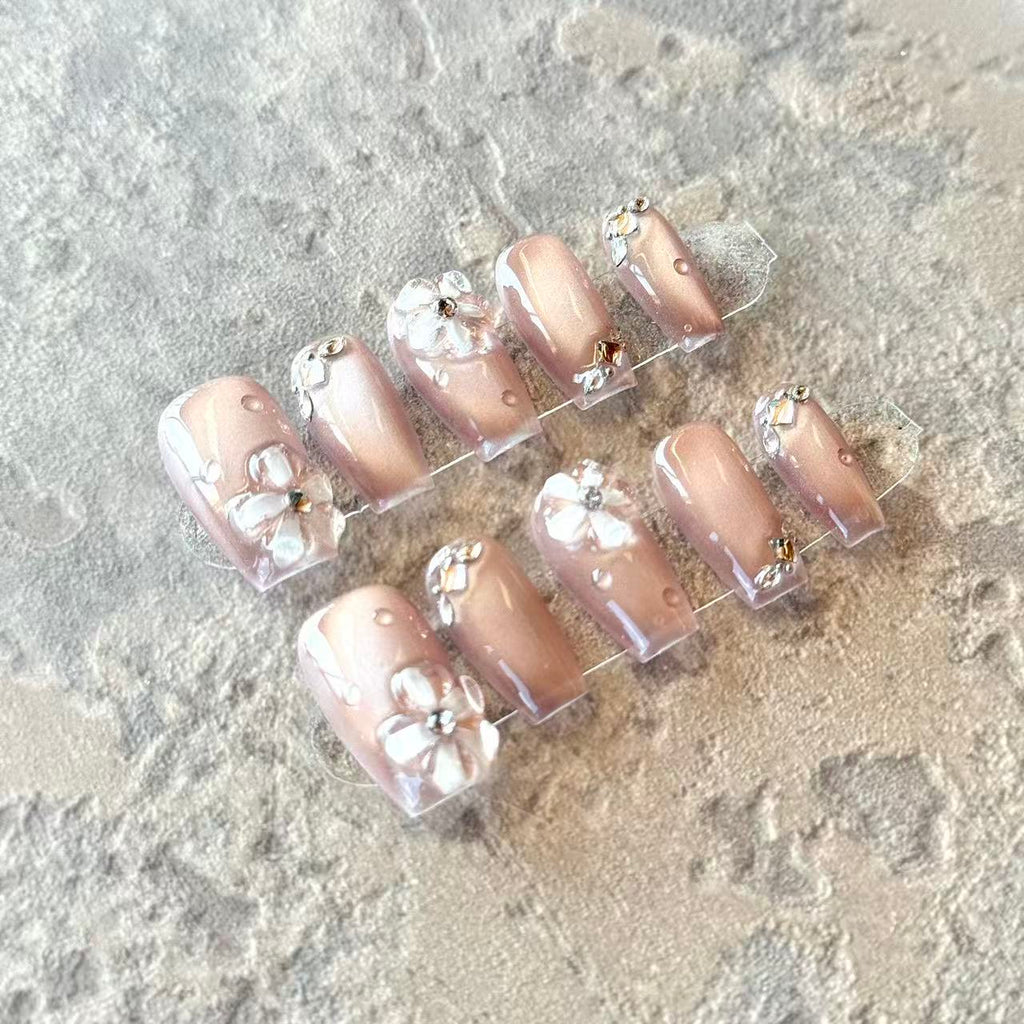 Rosée Florale – Champagne Nude Luxury Press-On Nails with 3D Flowers & Crystal Drops – Squoval Shape