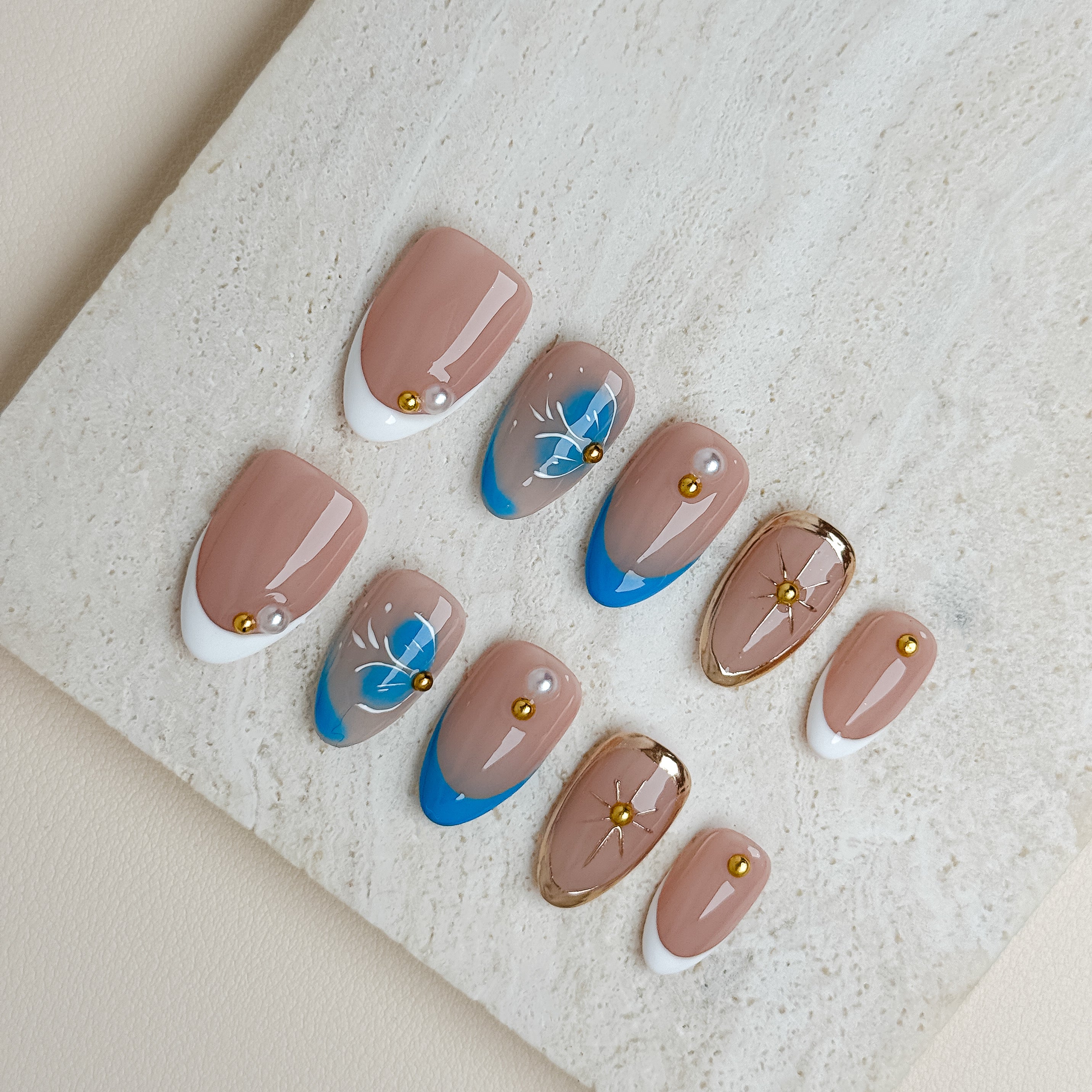 Blue Butterfly Garden Short Almond Press-On Nails – Nude Blue Handmade Nails