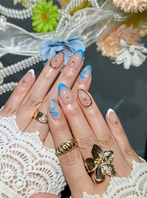 Blue Butterfly Garden Short Almond Press-On Nails – Nude Blue Handmade Nails