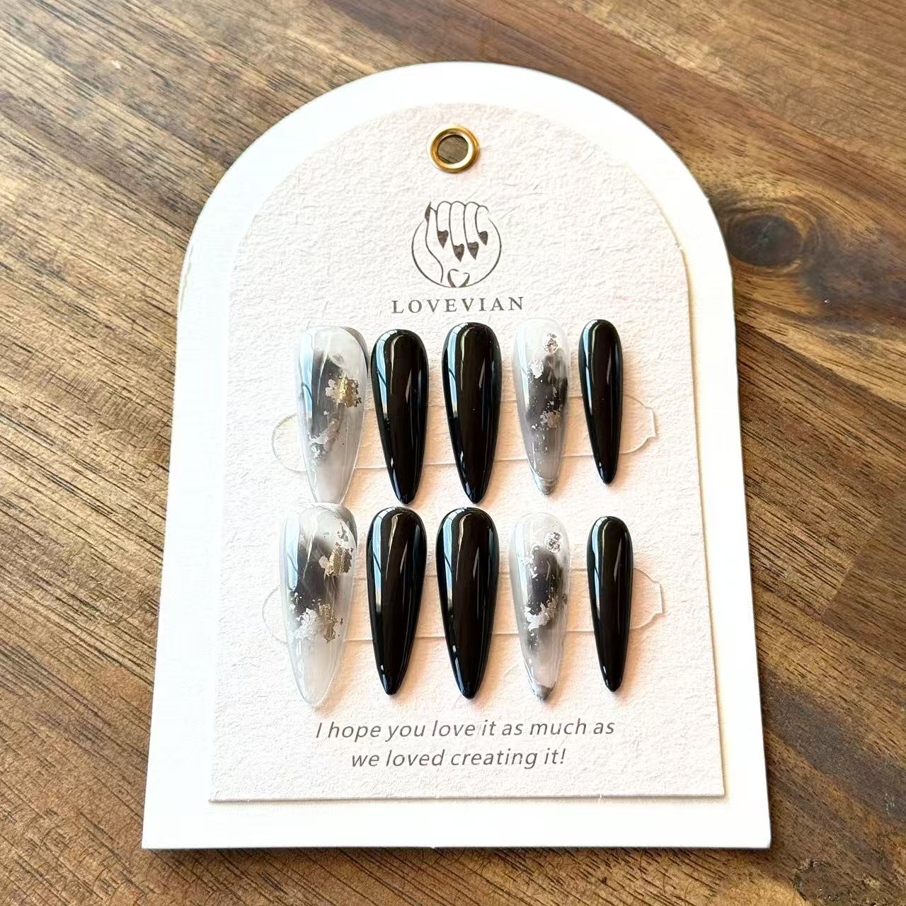 Noir Fumé – Black Smoke Luxury Press-On Nails with Metallic Foil – Stiletto Shape