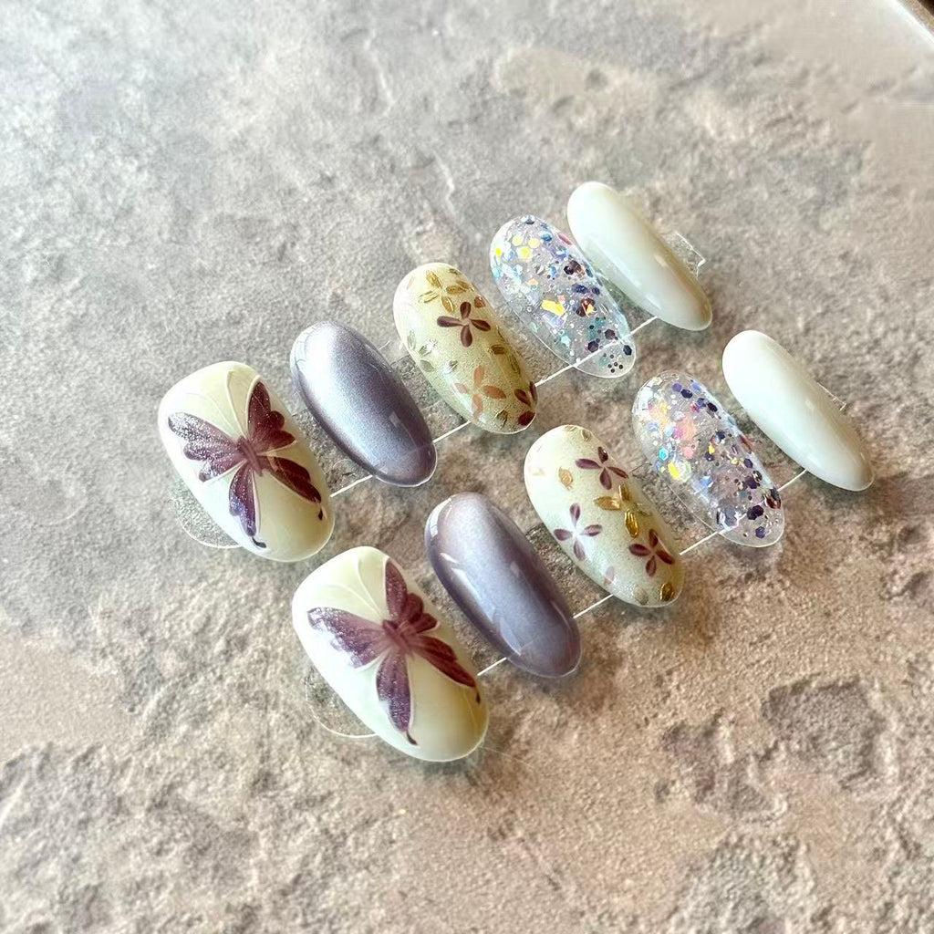 Papillon Rêve – Butterfly & Floral Press-On Nails with Glitter Accents