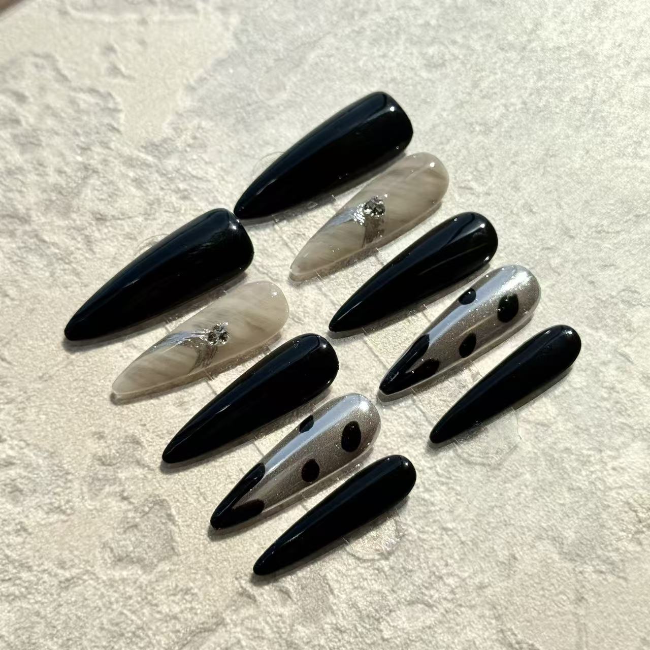 Midnight Marble – Stiletto Press-On Nails with Black Shine, Silver Accents & Marble Detail