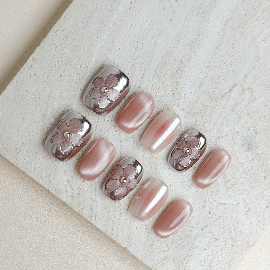 Pearl Blossom Short Square Nude Pink Press-On Nails