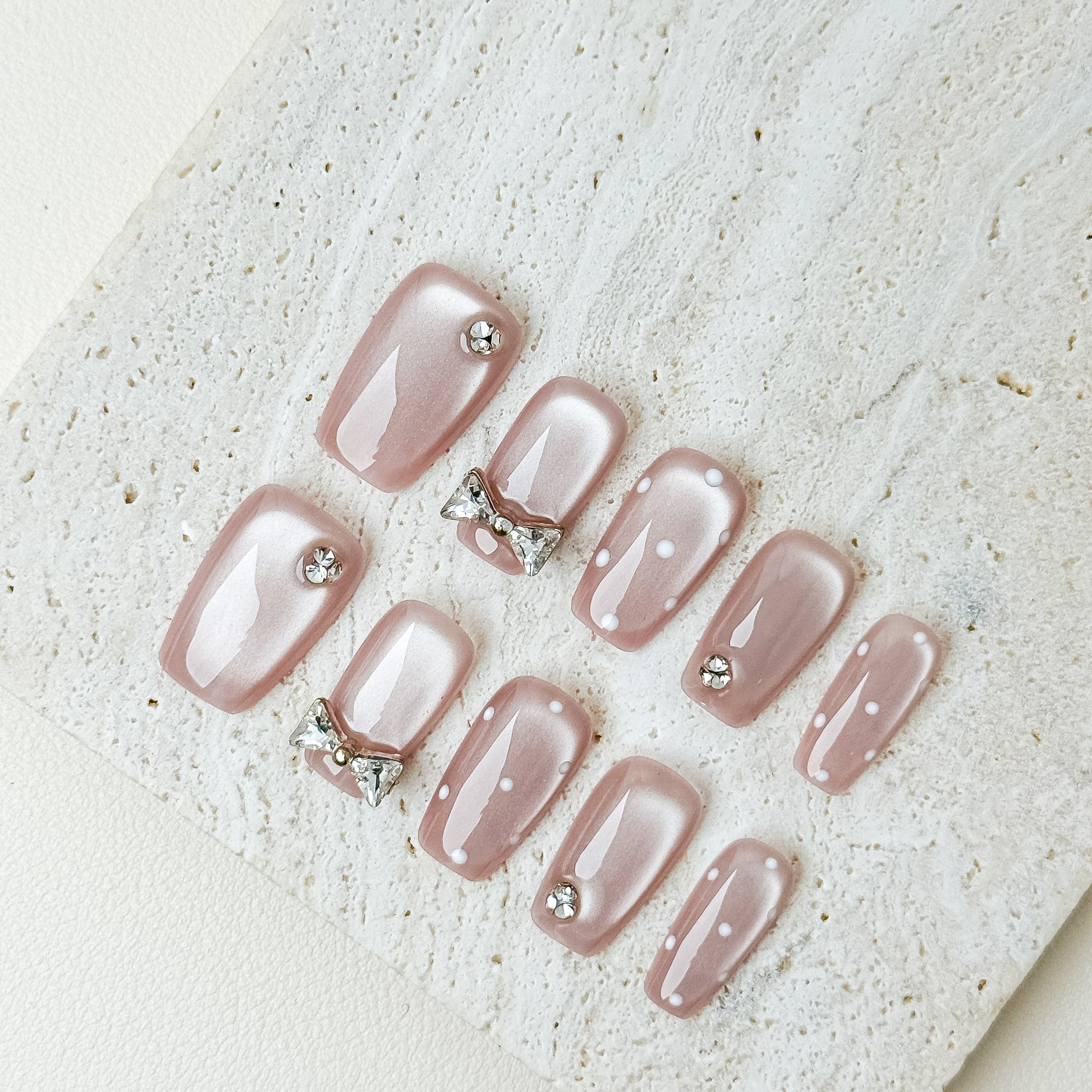 Blush Pearl Bow Date Short Square Nude Press-On Nails