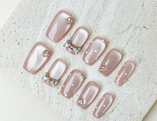 Blush Pearl Bow Date Short Square Nude Press-On Nails