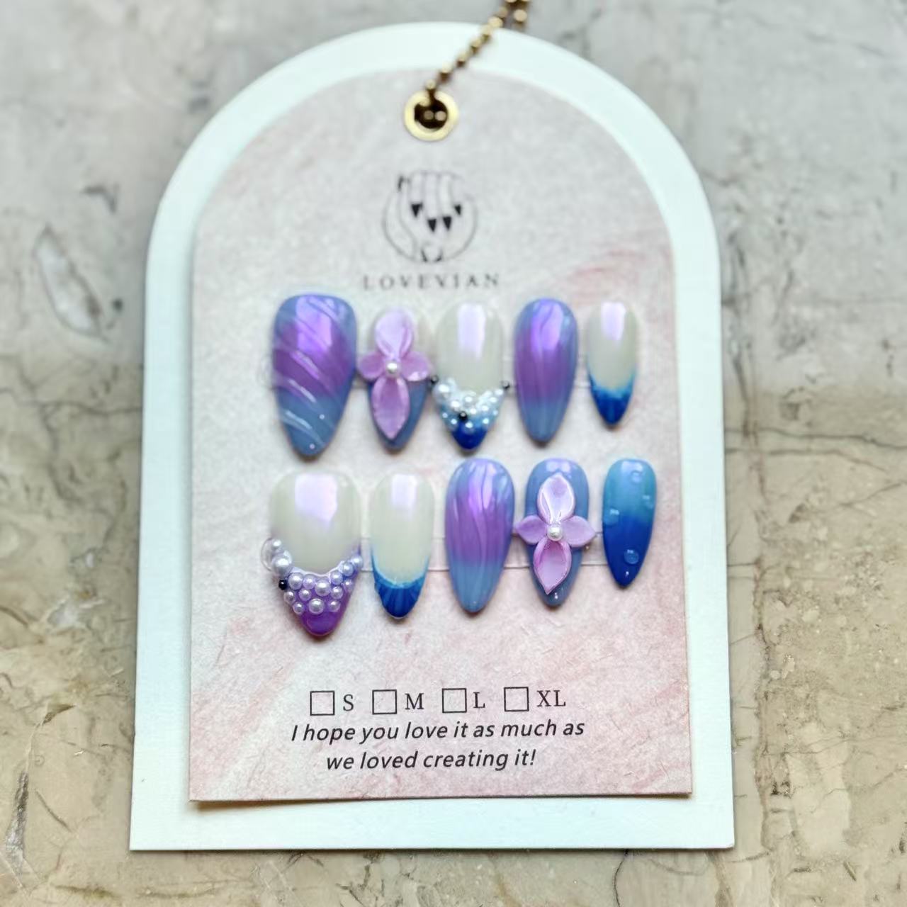 Mermaid Pearl – Luxury Blue & Purple Ombre Press-On Nails with 3D Flowers and Pearls