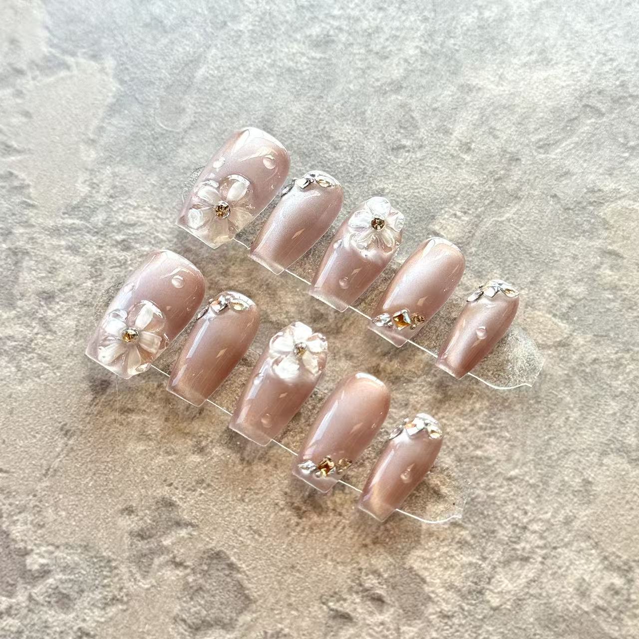 Rosée Florale – Champagne Nude Luxury Press-On Nails with 3D Flowers & Crystal Drops – Squoval Shape