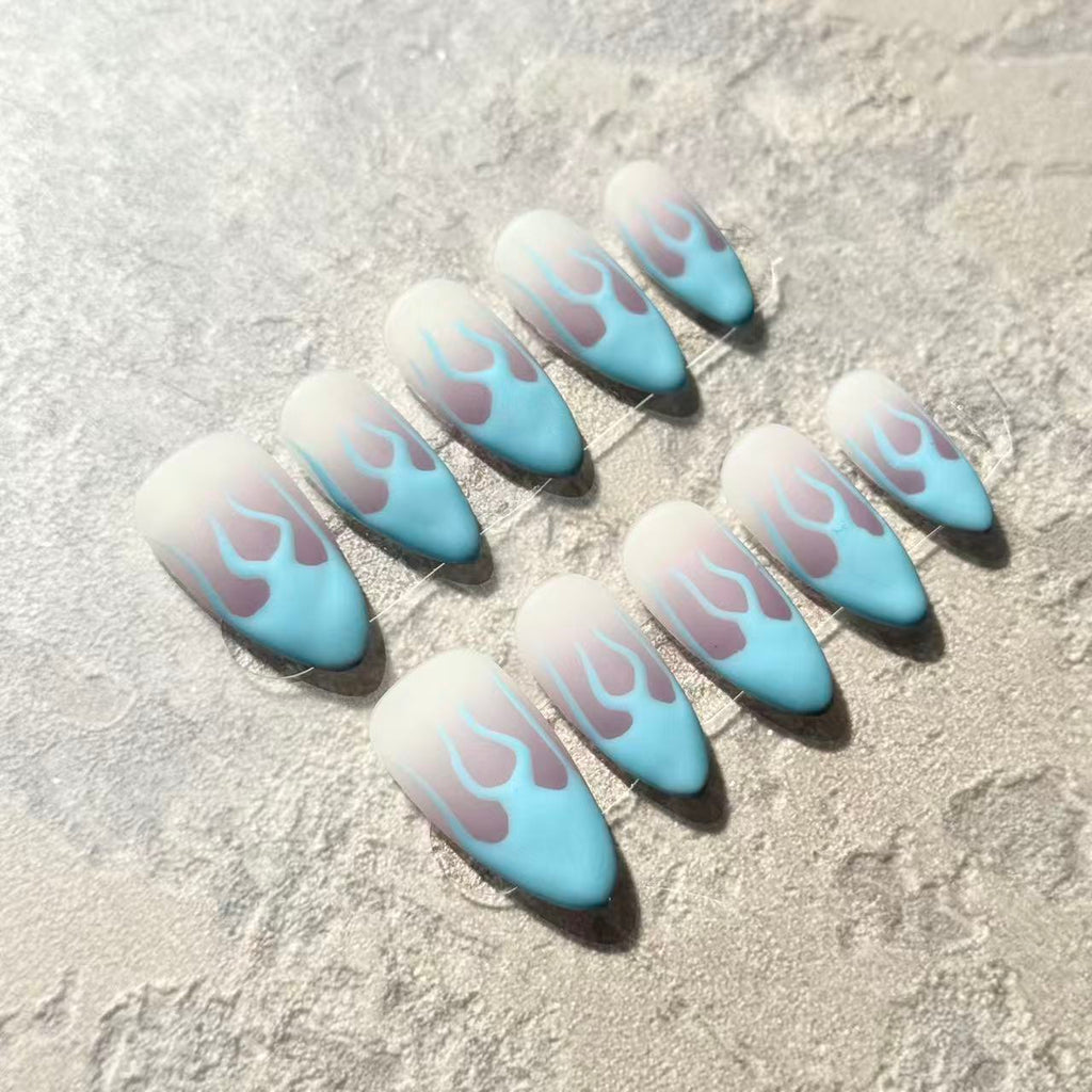 Blue Flame Vibes – Almond Press-On Nails with Matte Fire Design in Sky Blue & Pink