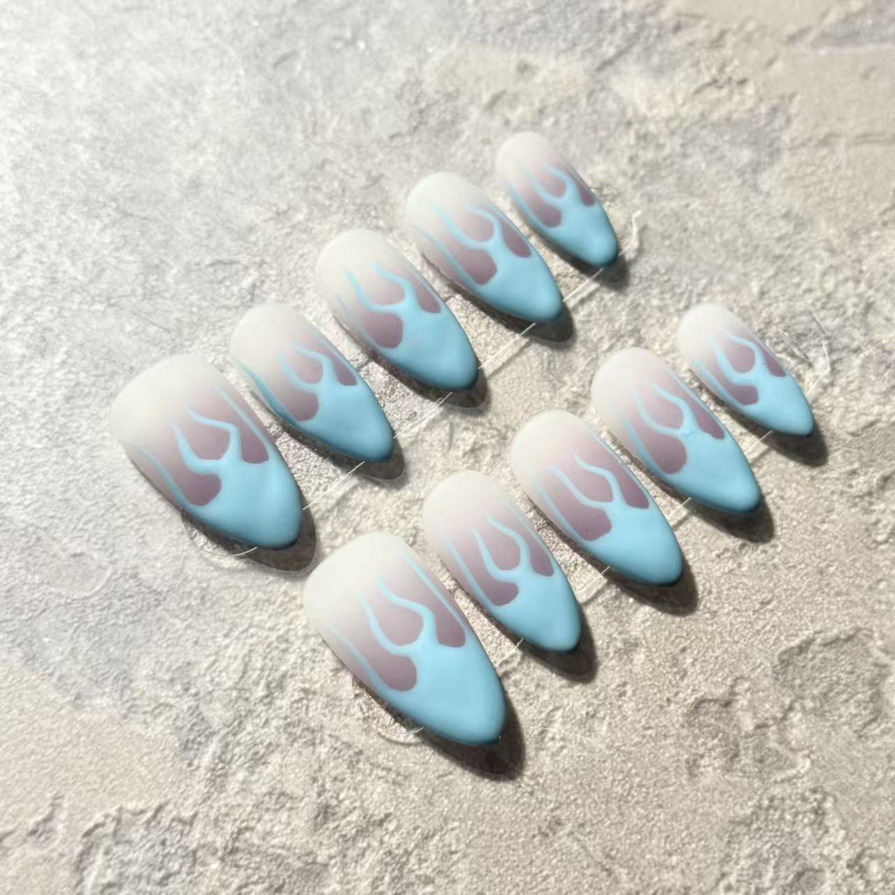 Blue Flame Vibes – Almond Press-On Nails with Matte Fire Design in Sky Blue & Pink