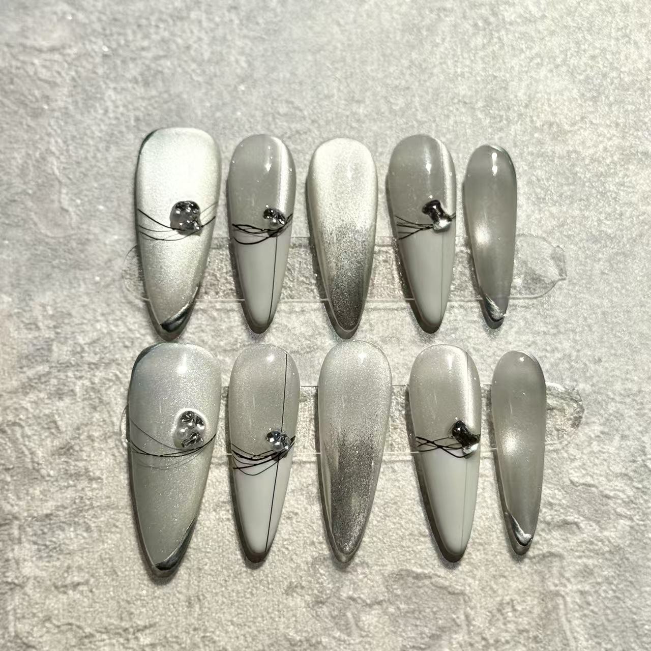 Glacier Shine – Stiletto Press-On Nails with Silver Cat-Eye, White Ombre & Crystal Accents