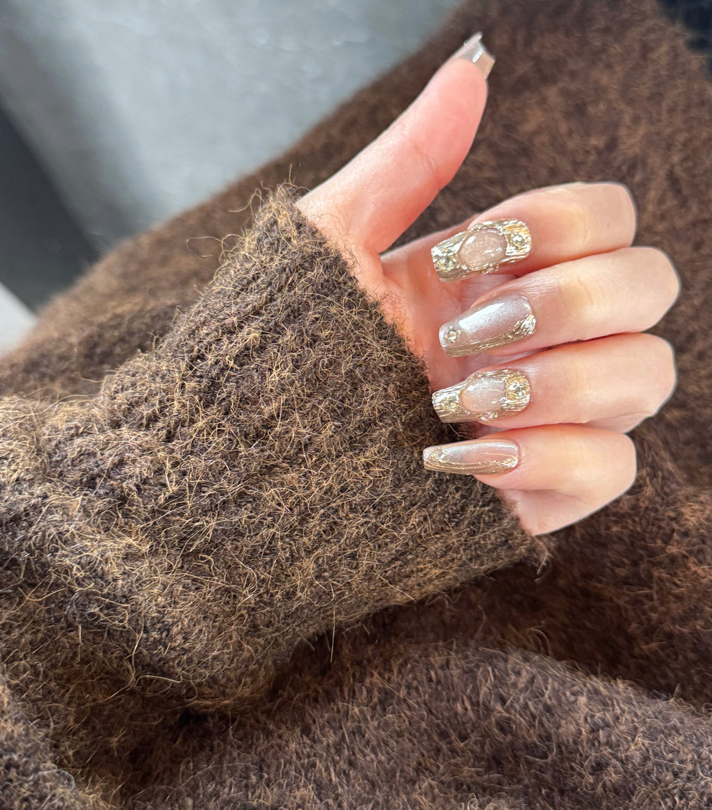 Golden Pearl Mirage – Champagne Gold Luxury Press-On Nails with Gemstone & Crystal Details