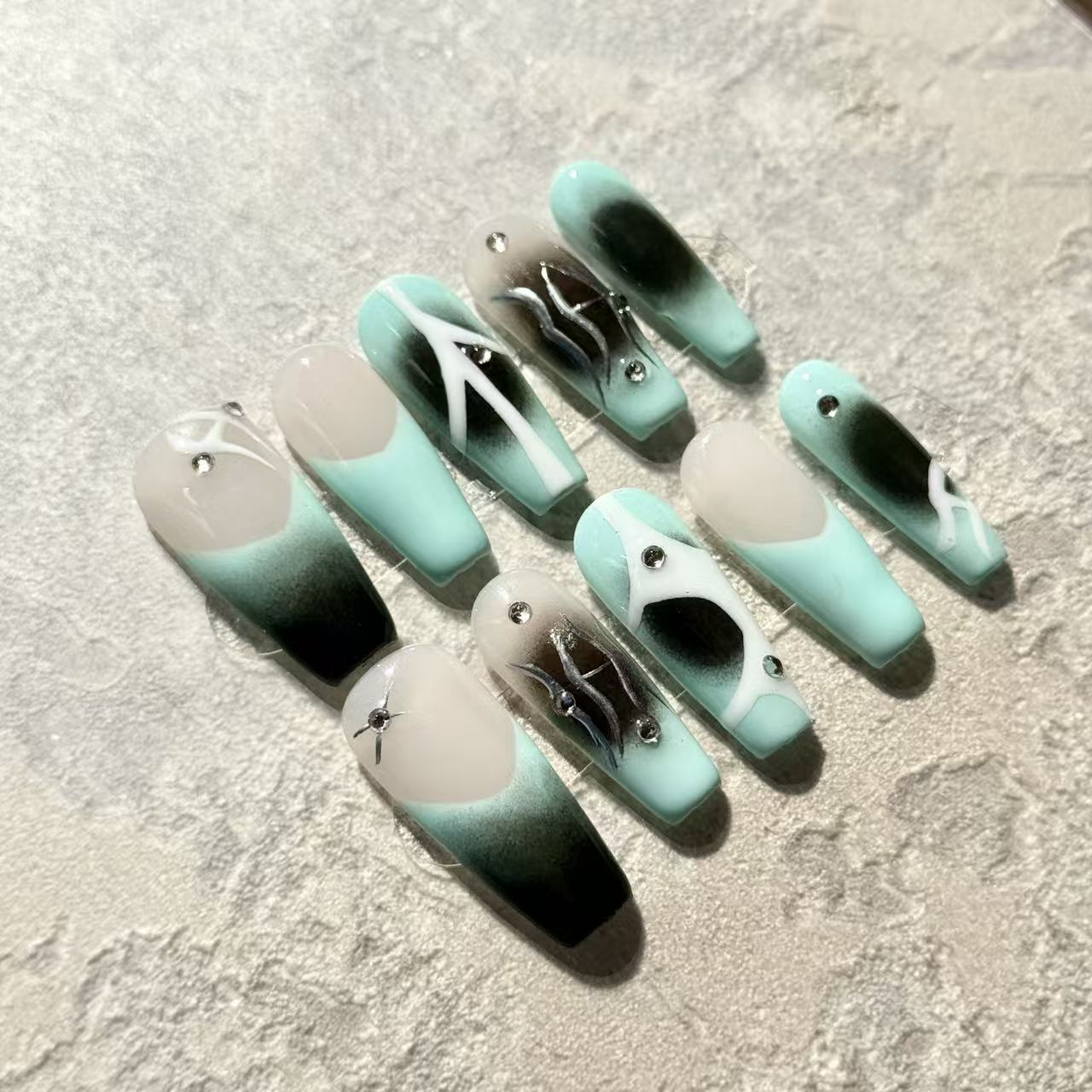 Mint Eclipse – Coffin Press-On Nails with Abstract Black Gradient, White Lines & Rhinestone Accents