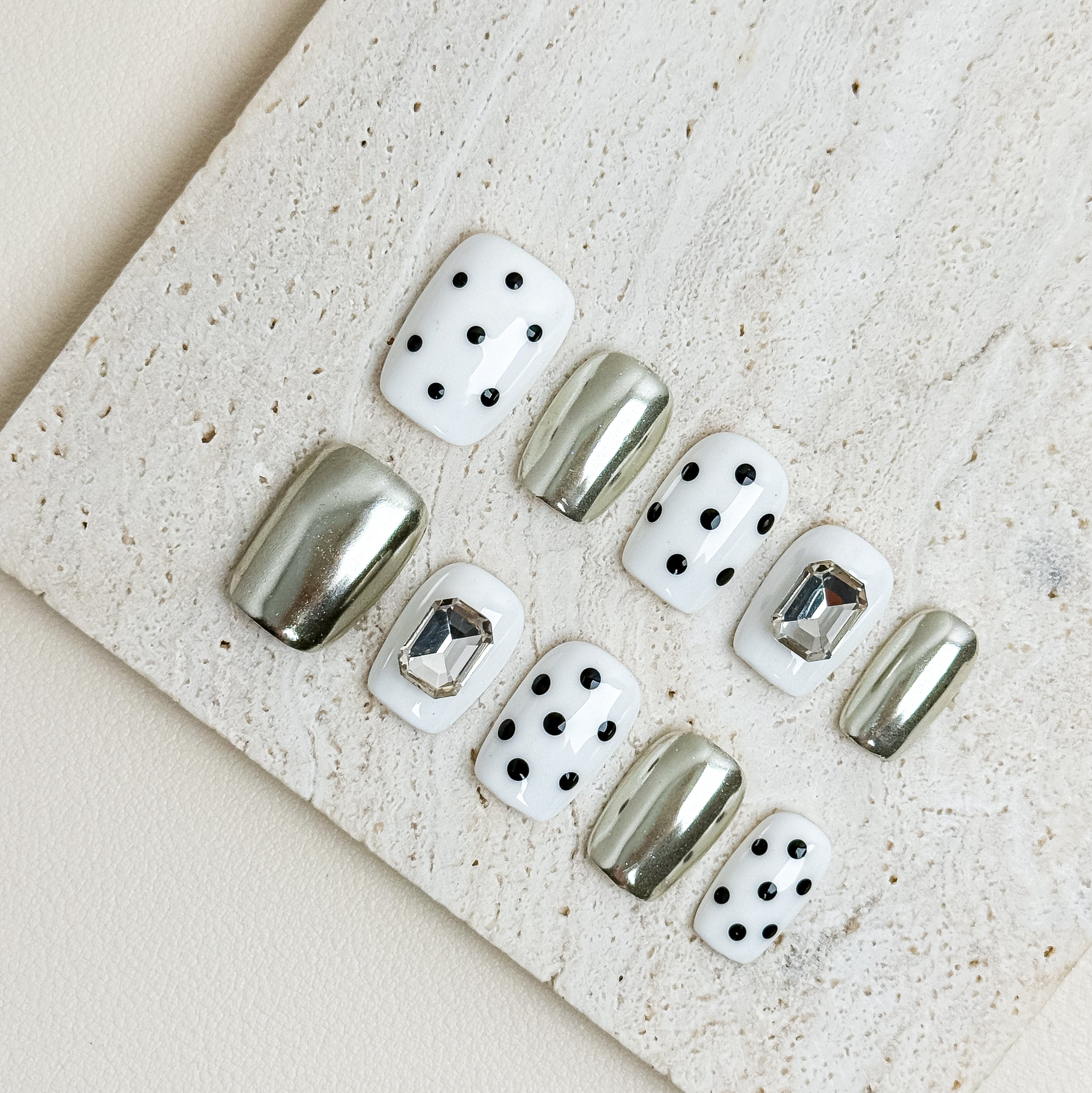 Silver Polka Office Short Square White Nude Press-On Nails