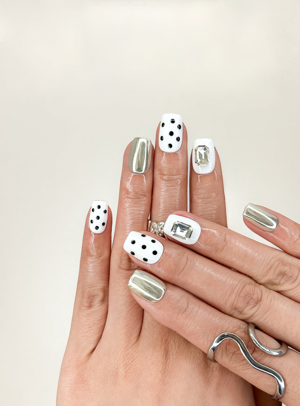 Silver Polka Office Short Square White Nude Press-On Nails