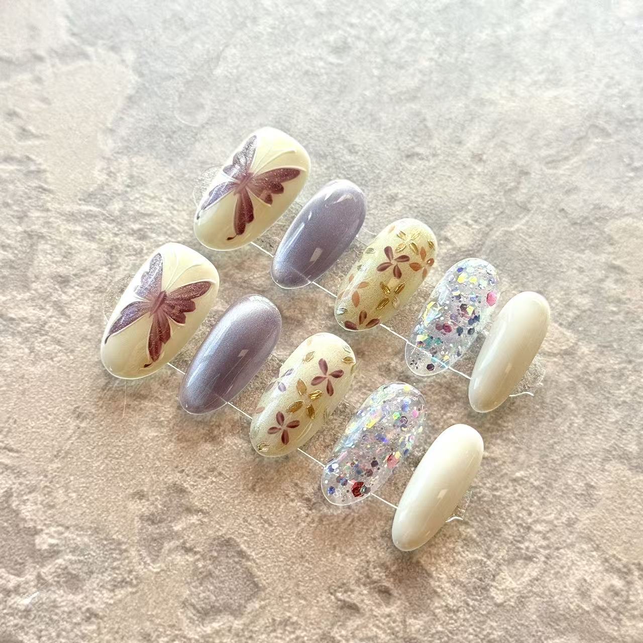 Papillon Rêve – Butterfly & Floral Press-On Nails with Glitter Accents