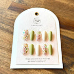 Jardin en Fleurs – Green & Ivory Press-On Nails with Handcrafted 3D Floral Garden