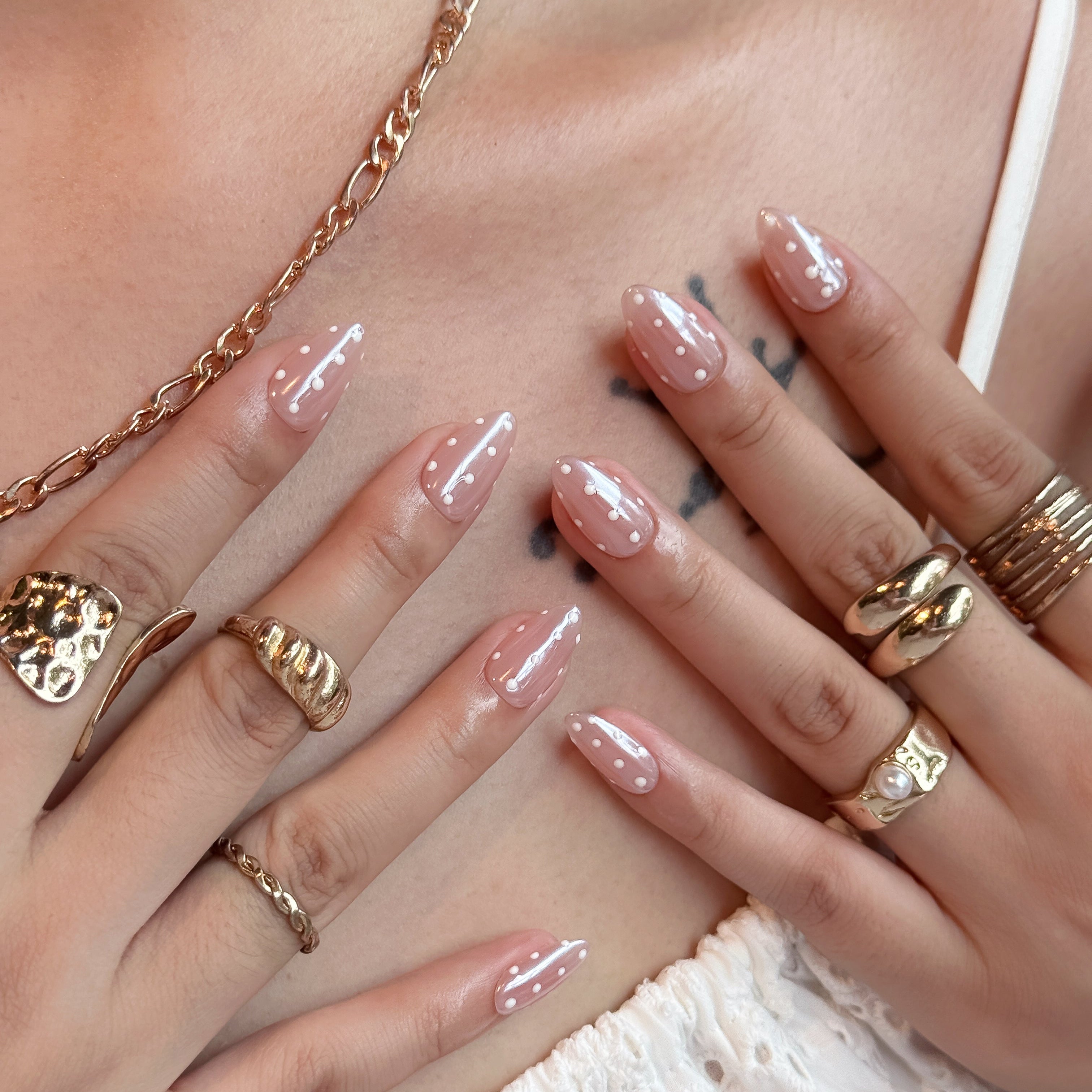 Pearl Dot | Medium Almond Luxury Press-On Nails