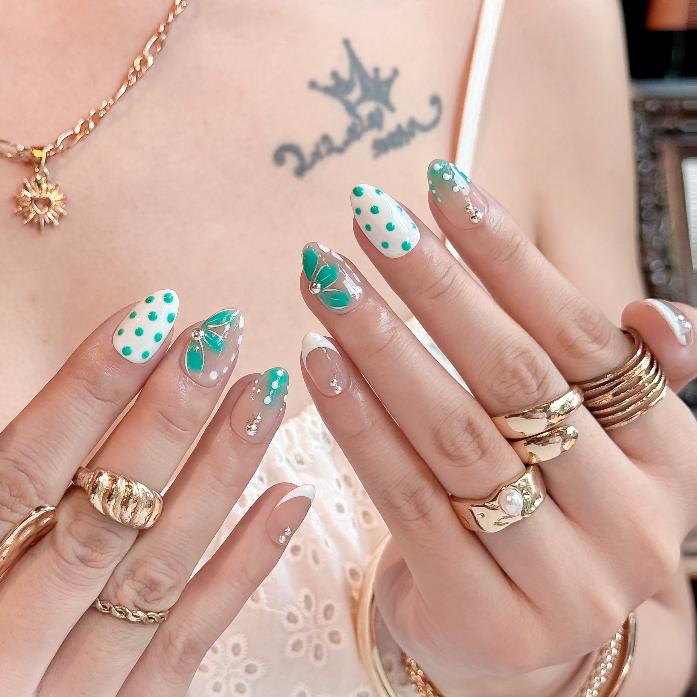 Spring Garden Short Almond Press-On Nails – Nude Mint Floral Handmade Nails