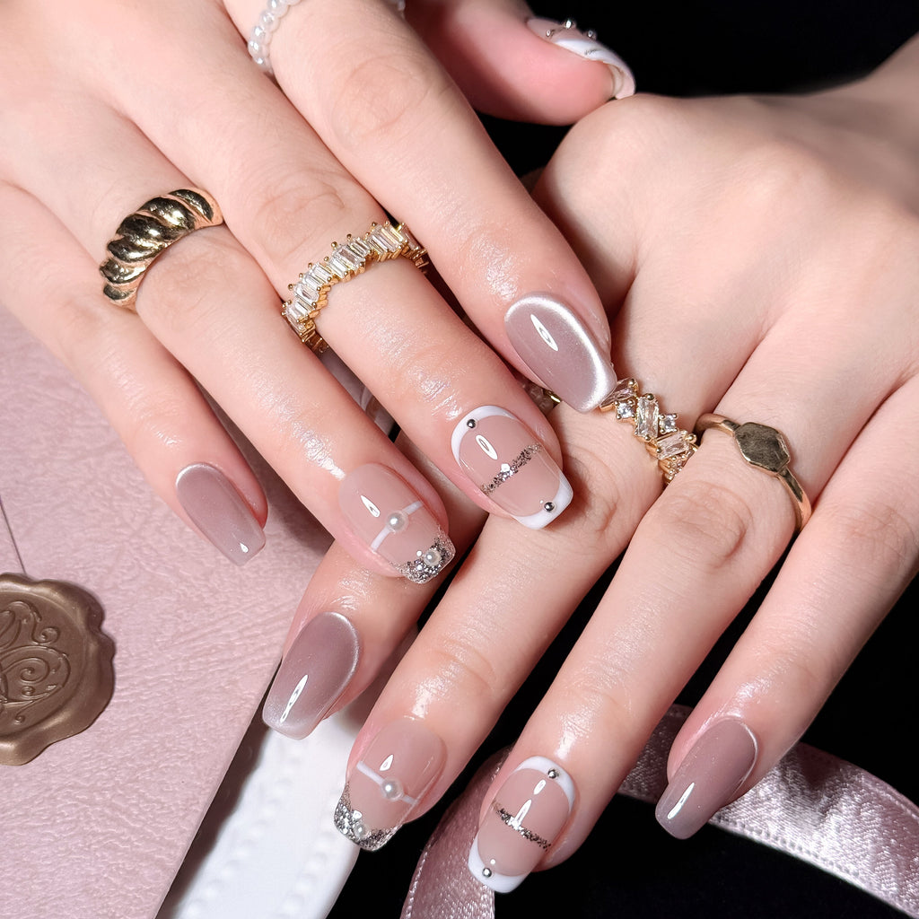 Pearl Elegance | Short Square Luxury Press-On Nails