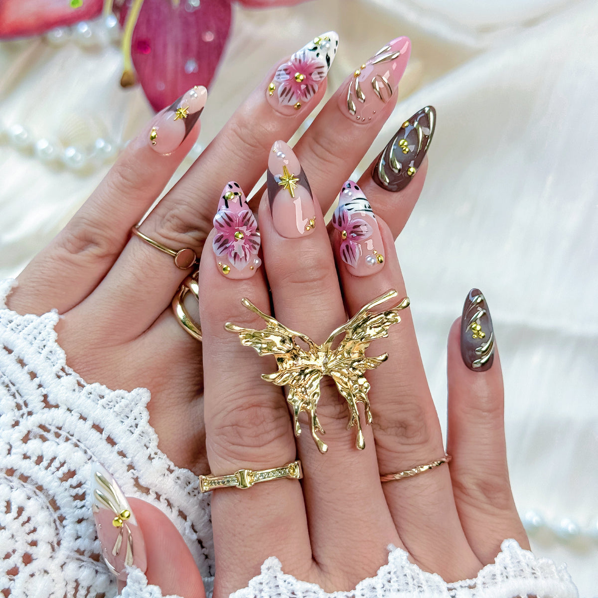 Mocha Blossom | Medium Almond Luxury Press-On Nails