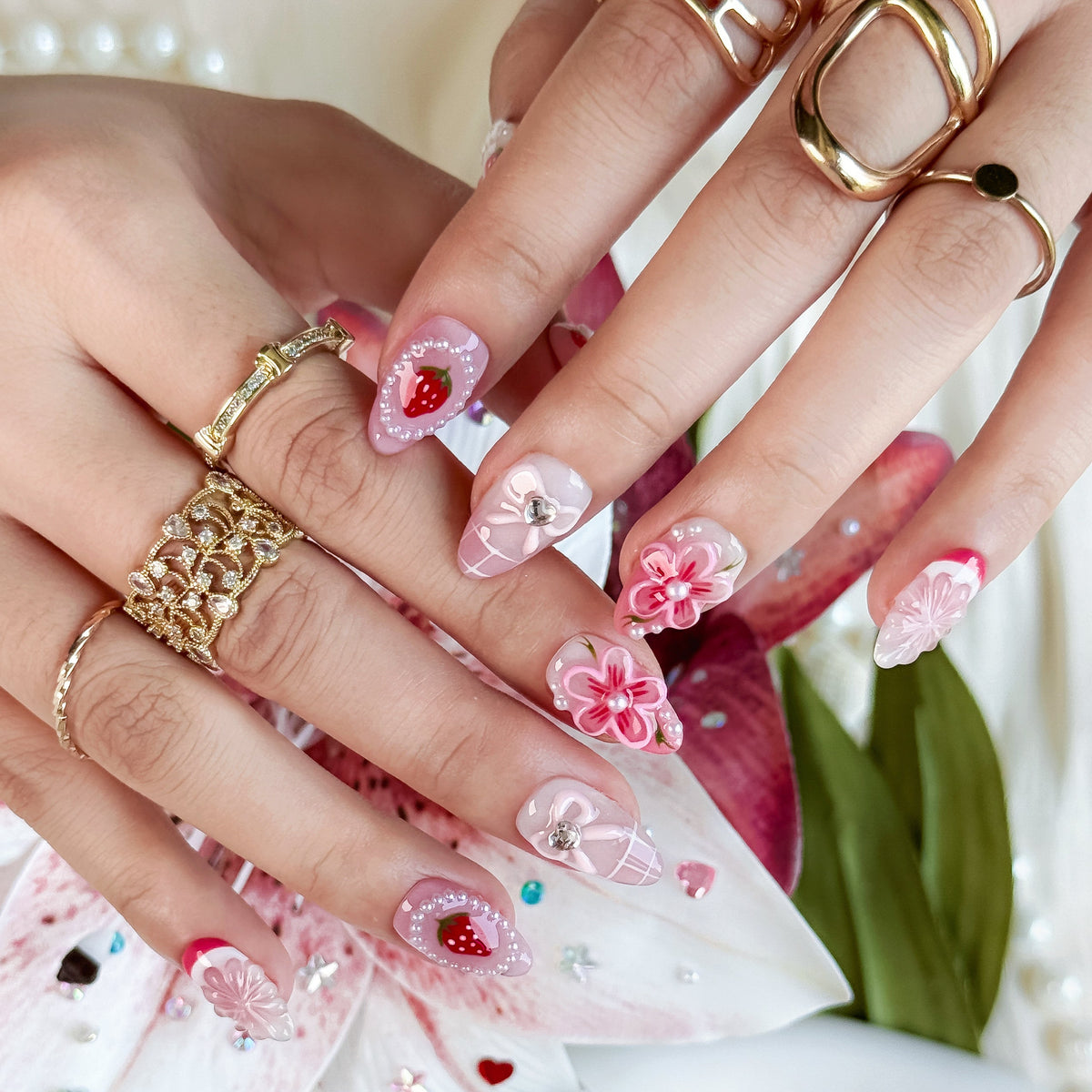 Strawberry Blossom | Short Almond Luxury Press-On Nails