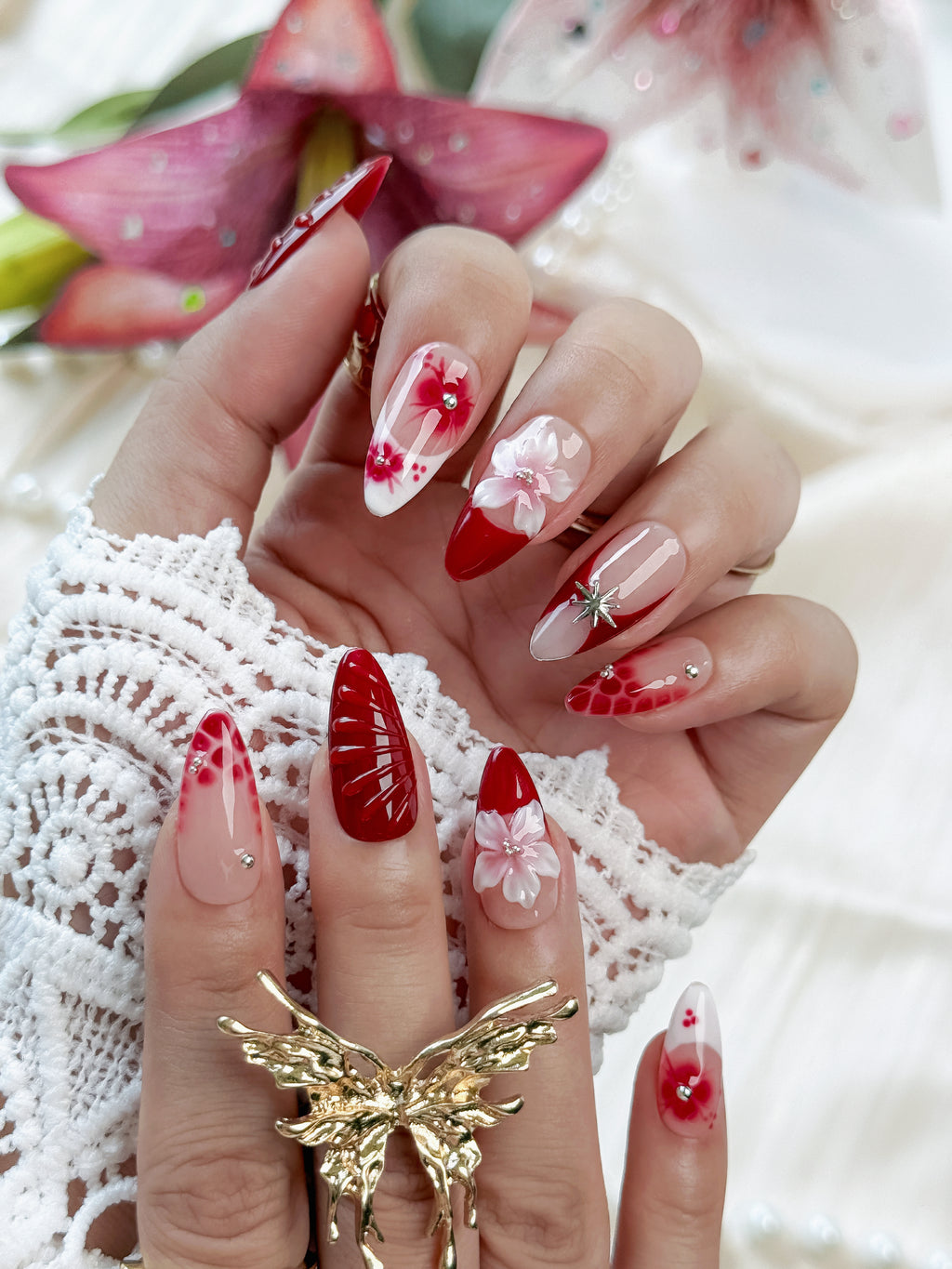 Crimson Blossom | Medium Almond Luxury Press-On Nails