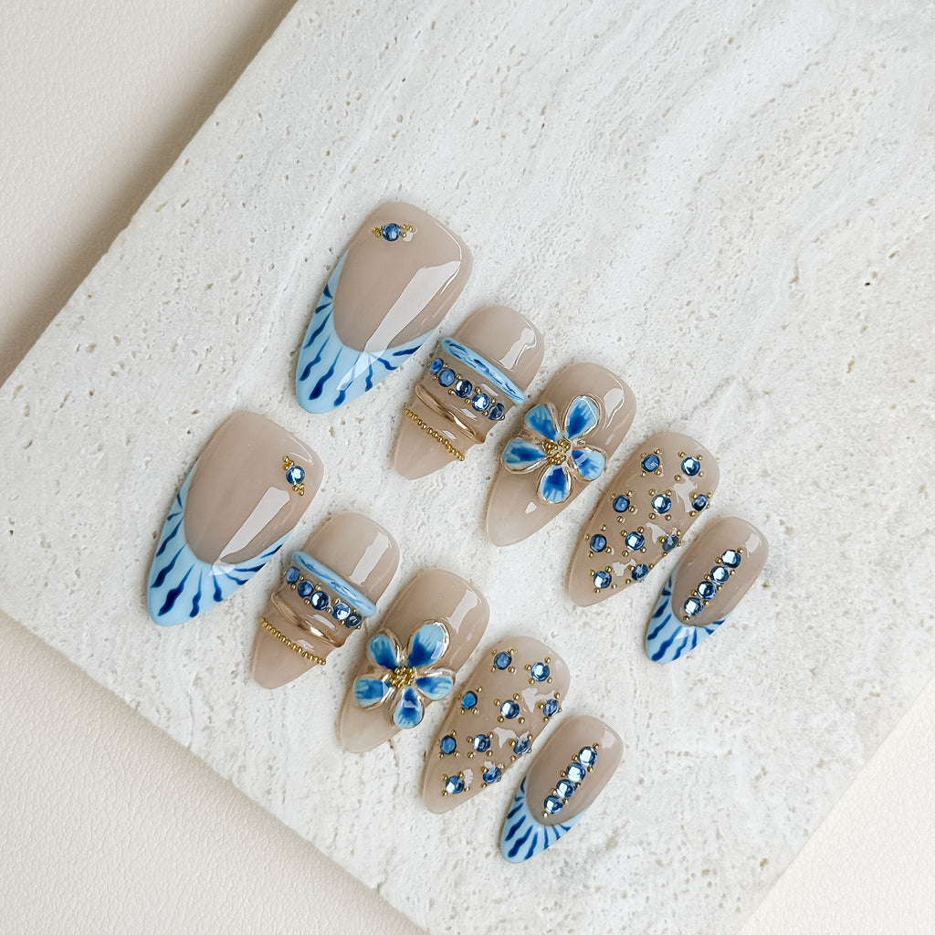 Azure Blossom | Medium Almond Luxury Press-On Nails