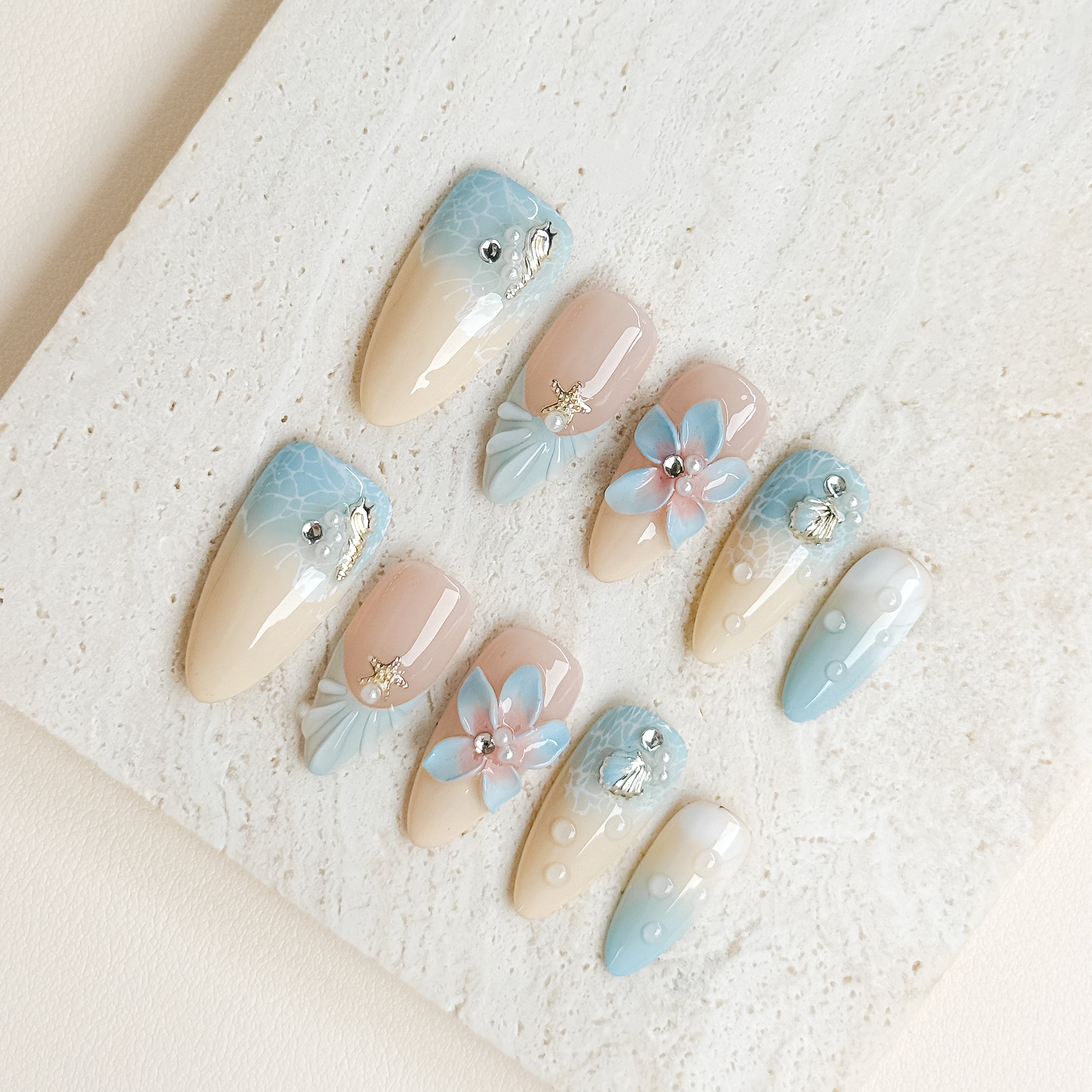 Ocean Blossom | Medium Almond Luxury Press-On Nails