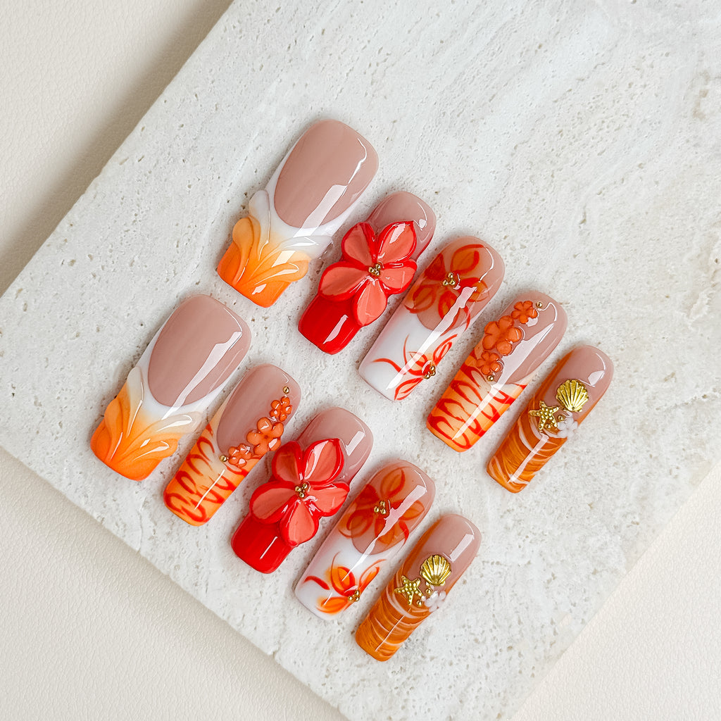 Sunset Hibiscus | Medium Square Luxury Press-On Nails