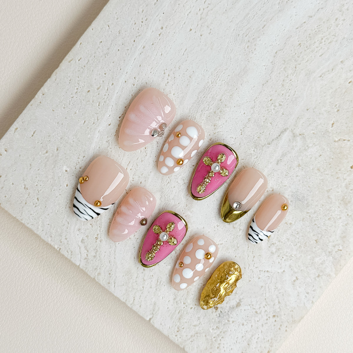 Golden Ribbon | Medium Almond Luxury Press-On Nails