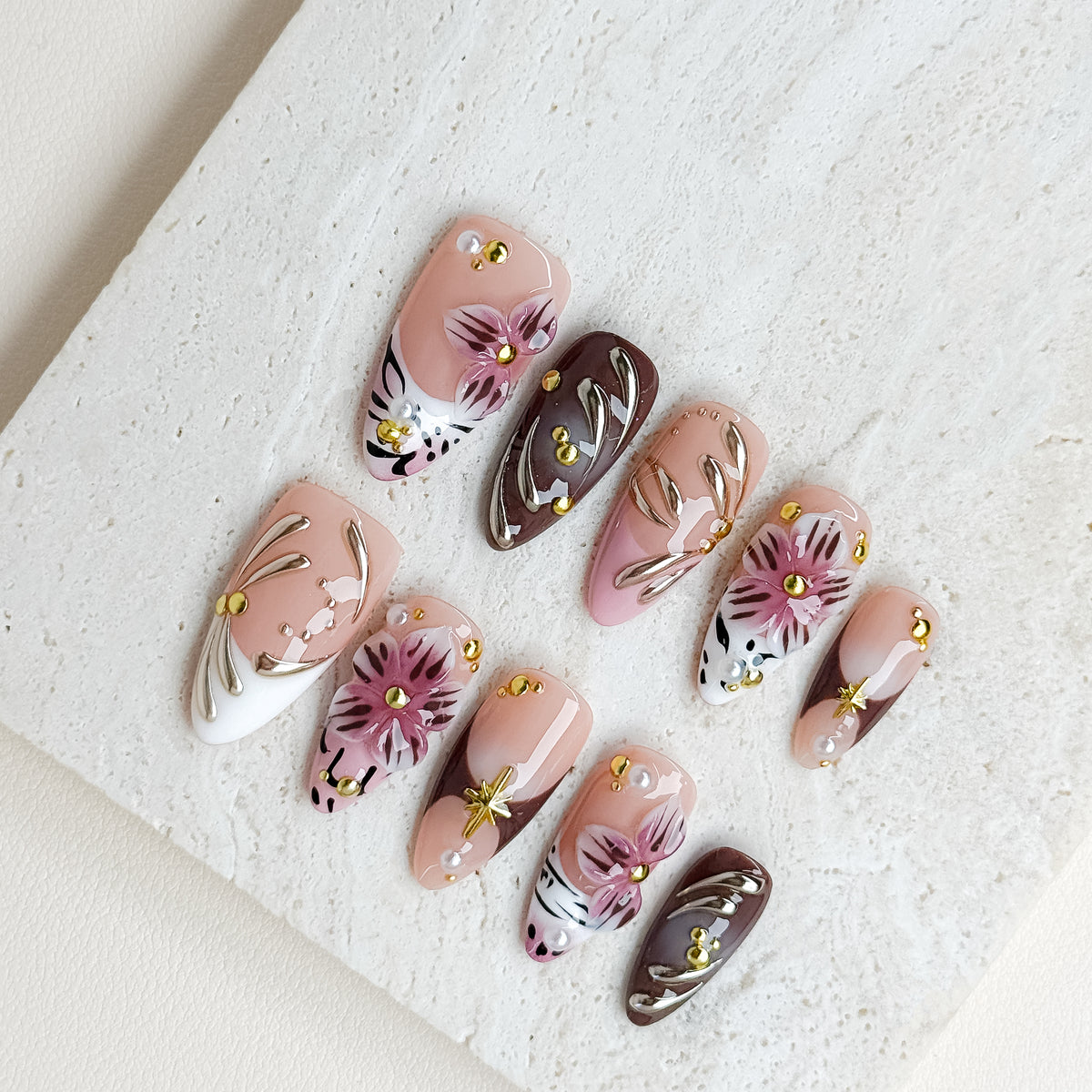 Mocha Blossom | Medium Almond Luxury Press-On Nails